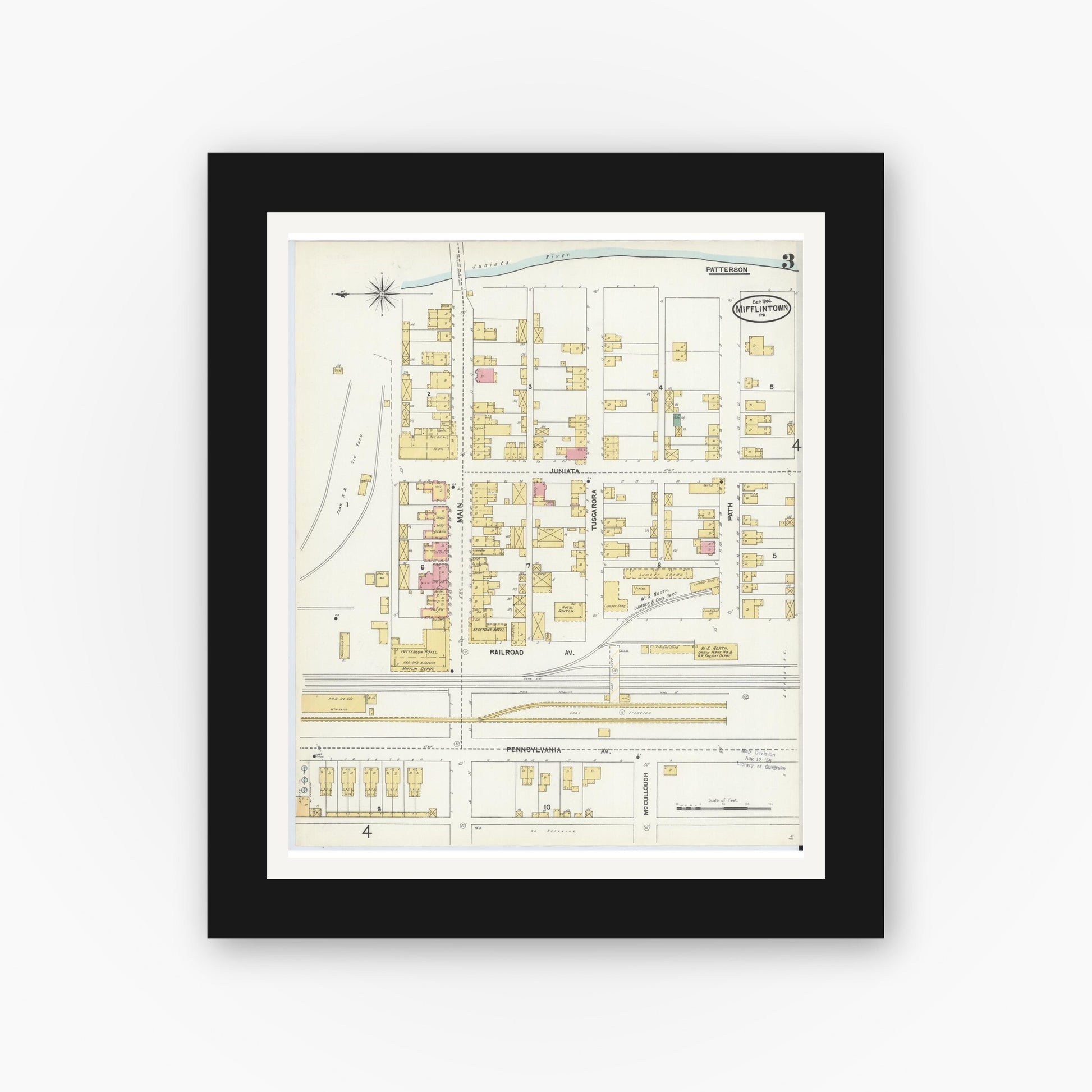 Old map wall art mockup — black gallery frame with white mat — Sanborn Fire Insurance Map from Mifflintown, Juniata County, Pennsylvania (1904), Sheet #0003
