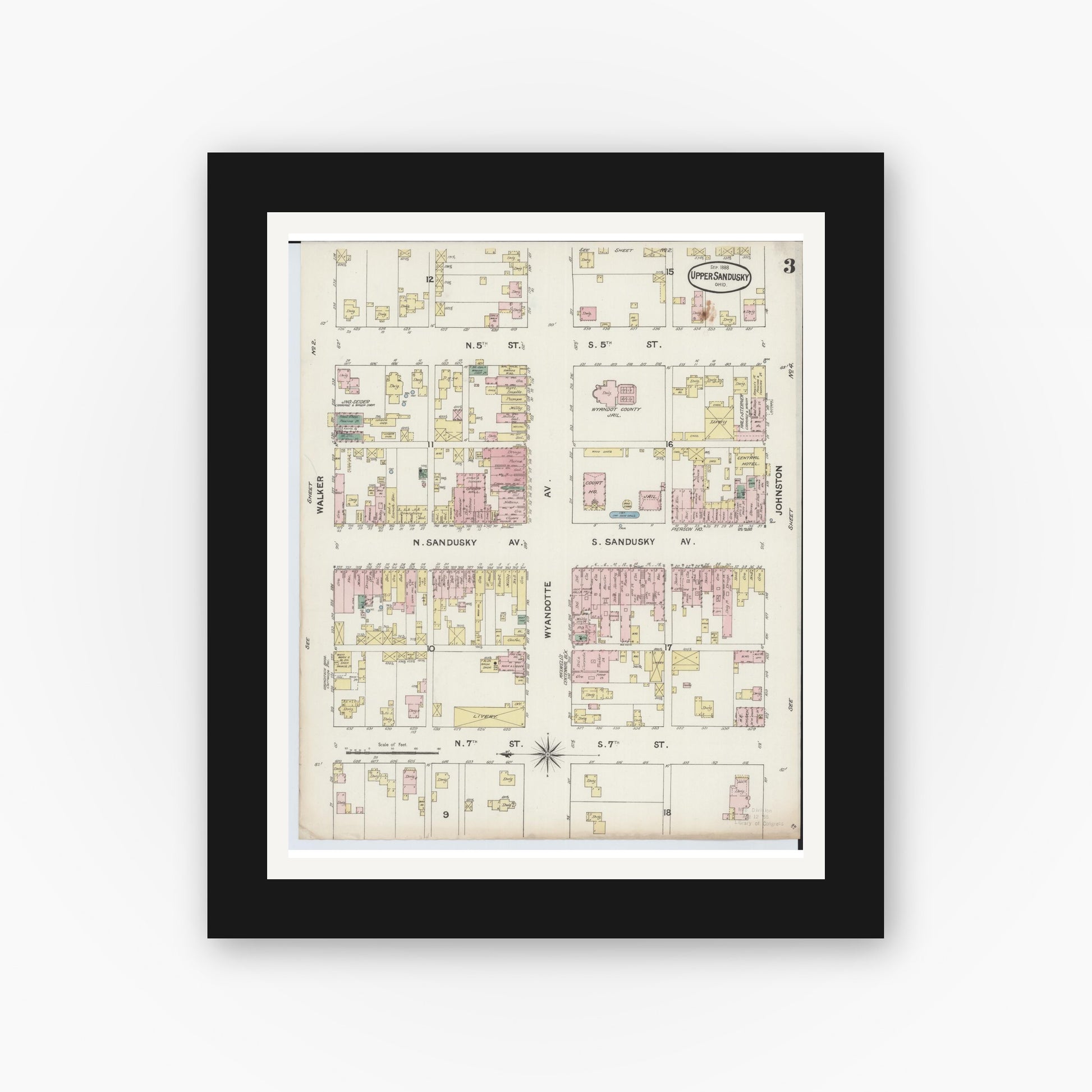 Old map wall art mockup — black gallery frame with white mat — Sanborn Fire Insurance Map from Upper Sandusky, Wyandot County, Ohio (1888), Sheet #0003