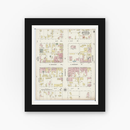 Old map wall art mockup — black gallery frame with white mat — Sanborn Fire Insurance Map from Upper Sandusky, Wyandot County, Ohio (1888), Sheet #0003