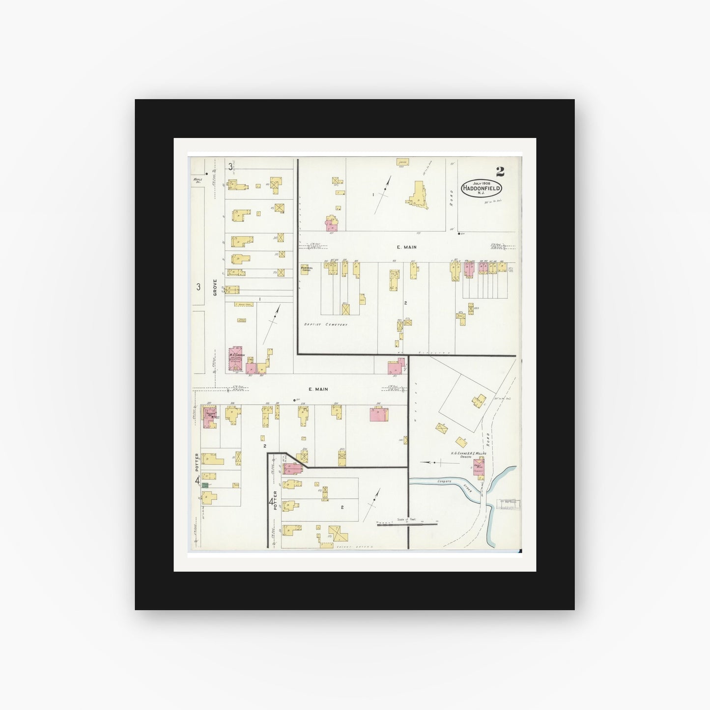 Old map wall art mockup — black gallery frame with white mat — Sanborn Fire Insurance Map from Haddonfield, Camden County, New Jersey (1908), Sheet #0002
