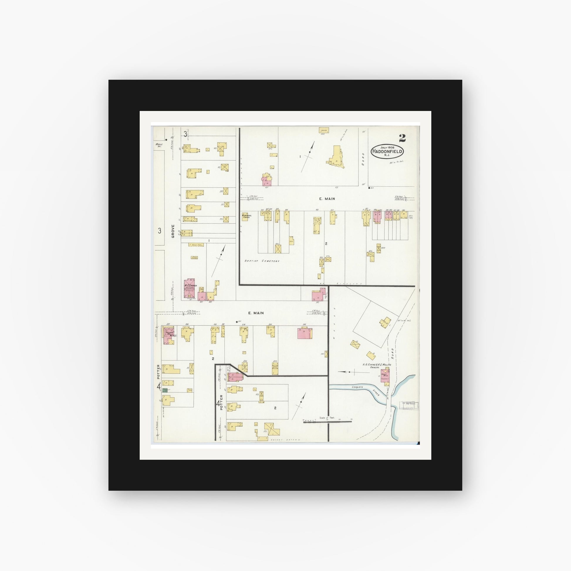 Old map wall art mockup — black gallery frame with white mat — Sanborn Fire Insurance Map from Haddonfield, Camden County, New Jersey (1908), Sheet #0002