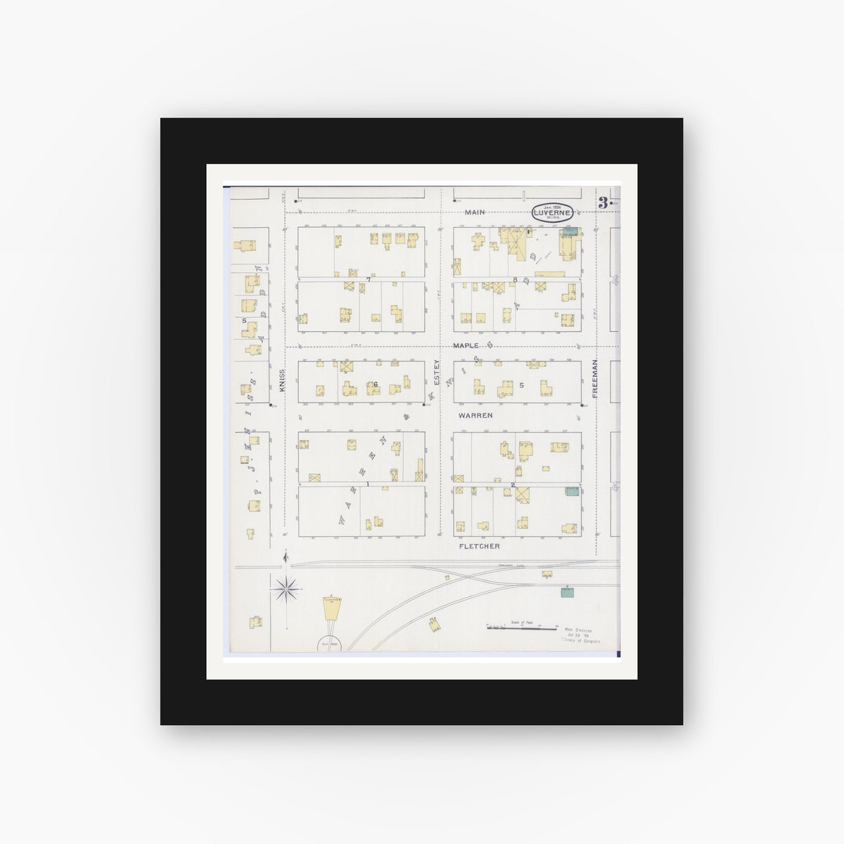 Old map wall art mockup — black gallery frame with white mat — Sanborn Fire Insurance Map from Luverne, Rock County, Minnesota (1894), Sheet #0003