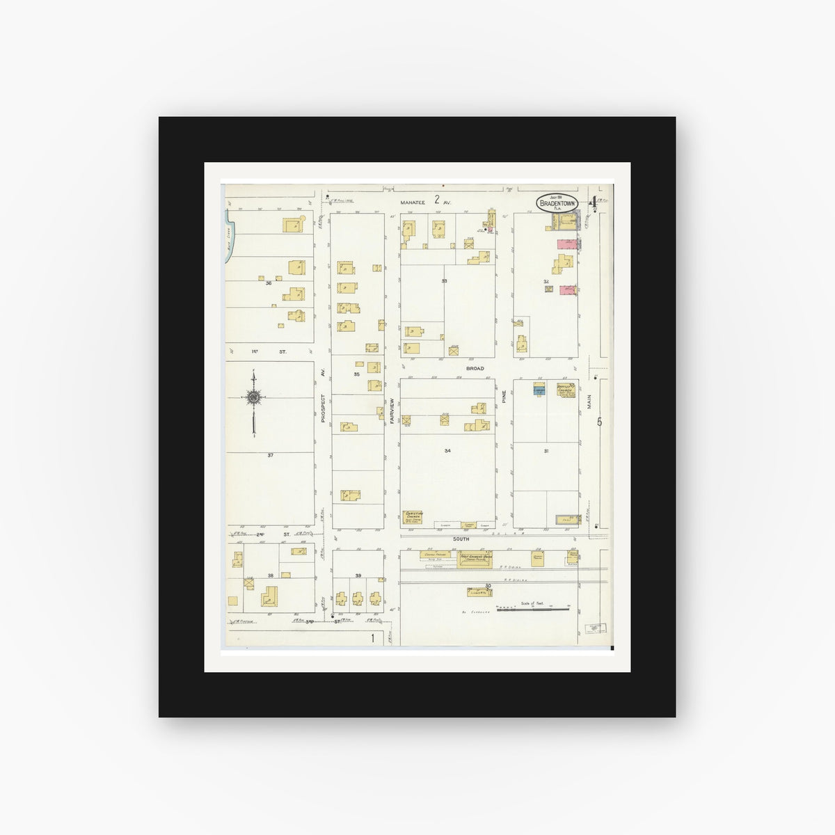 Old map wall art mockup — black gallery frame with white mat — Sanborn Fire Insurance Map from Bradentown, Manatee County, Florida (1911), Sheet #0004