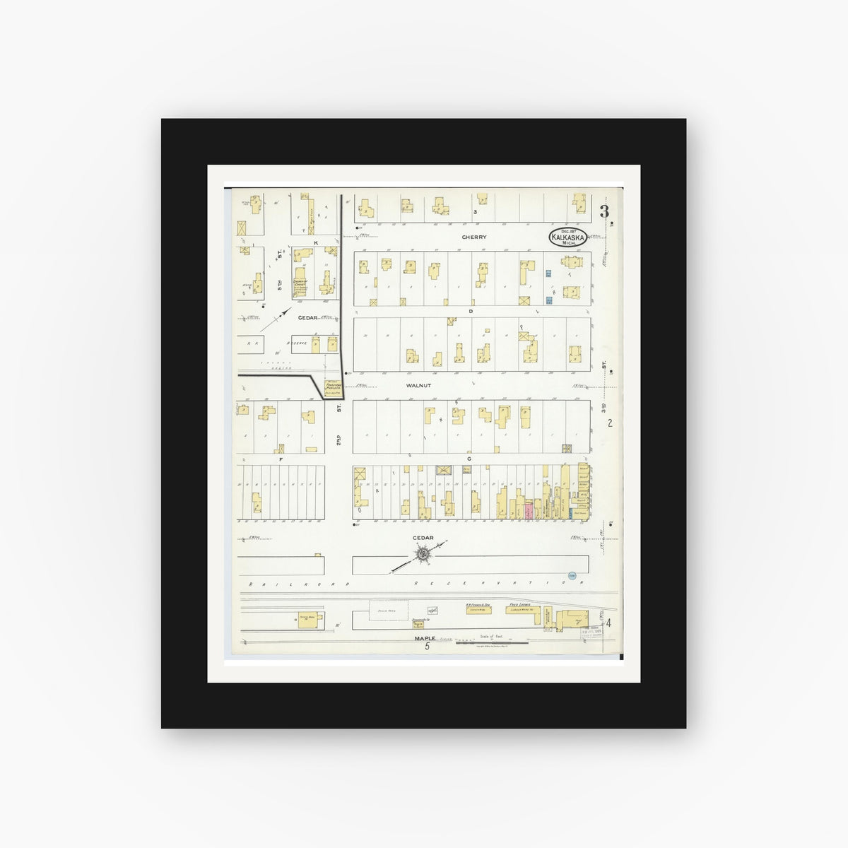 Old map wall art mockup — black gallery frame with white mat — Sanborn Fire Insurance Map from Kalkaska, Kalkaska County, Michigan (1917), Sheet #0003