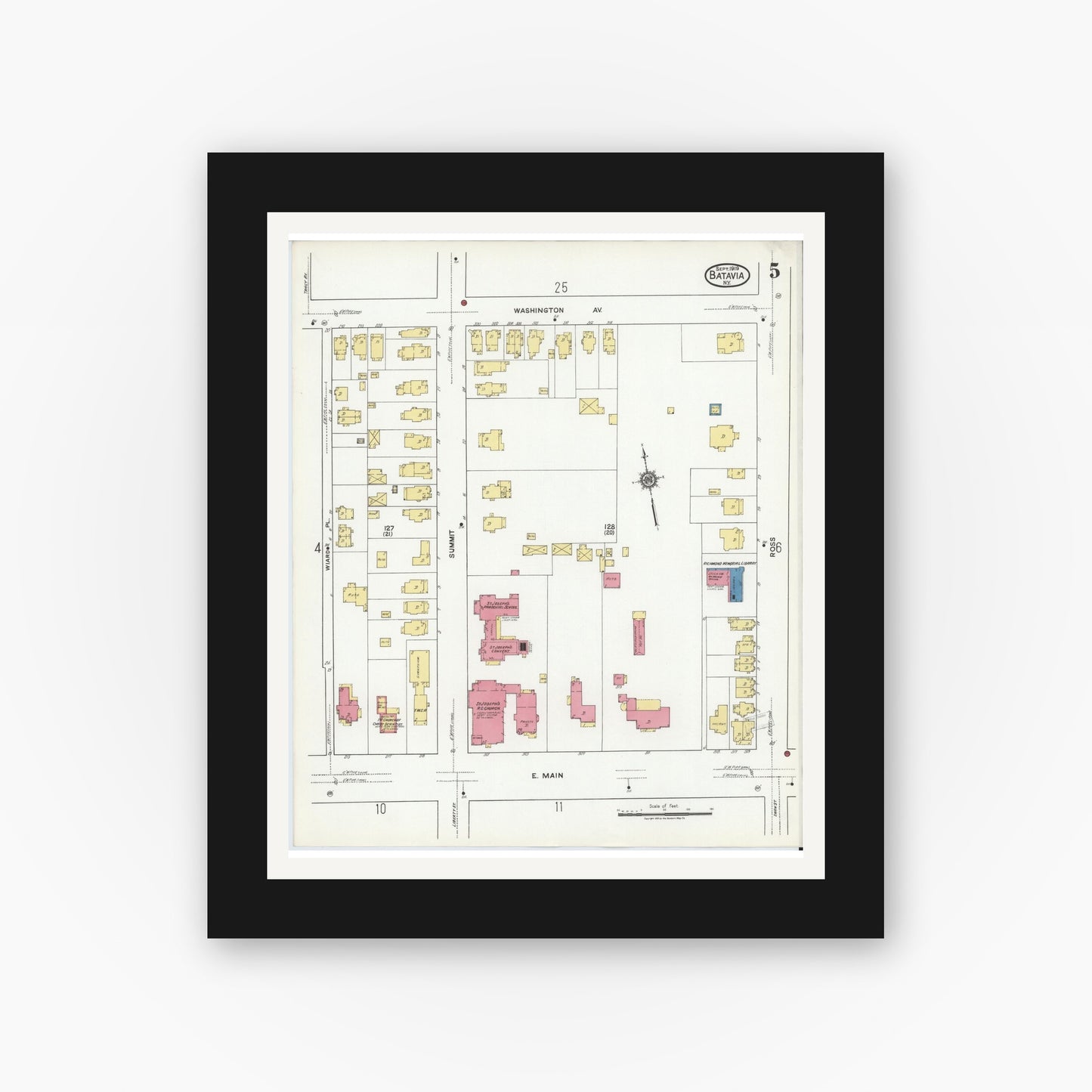 Old map wall art mockup — black gallery frame with white mat — Sanborn Fire Insurance Map from Batavia, Genesee County, New York (1919), Sheet #0005