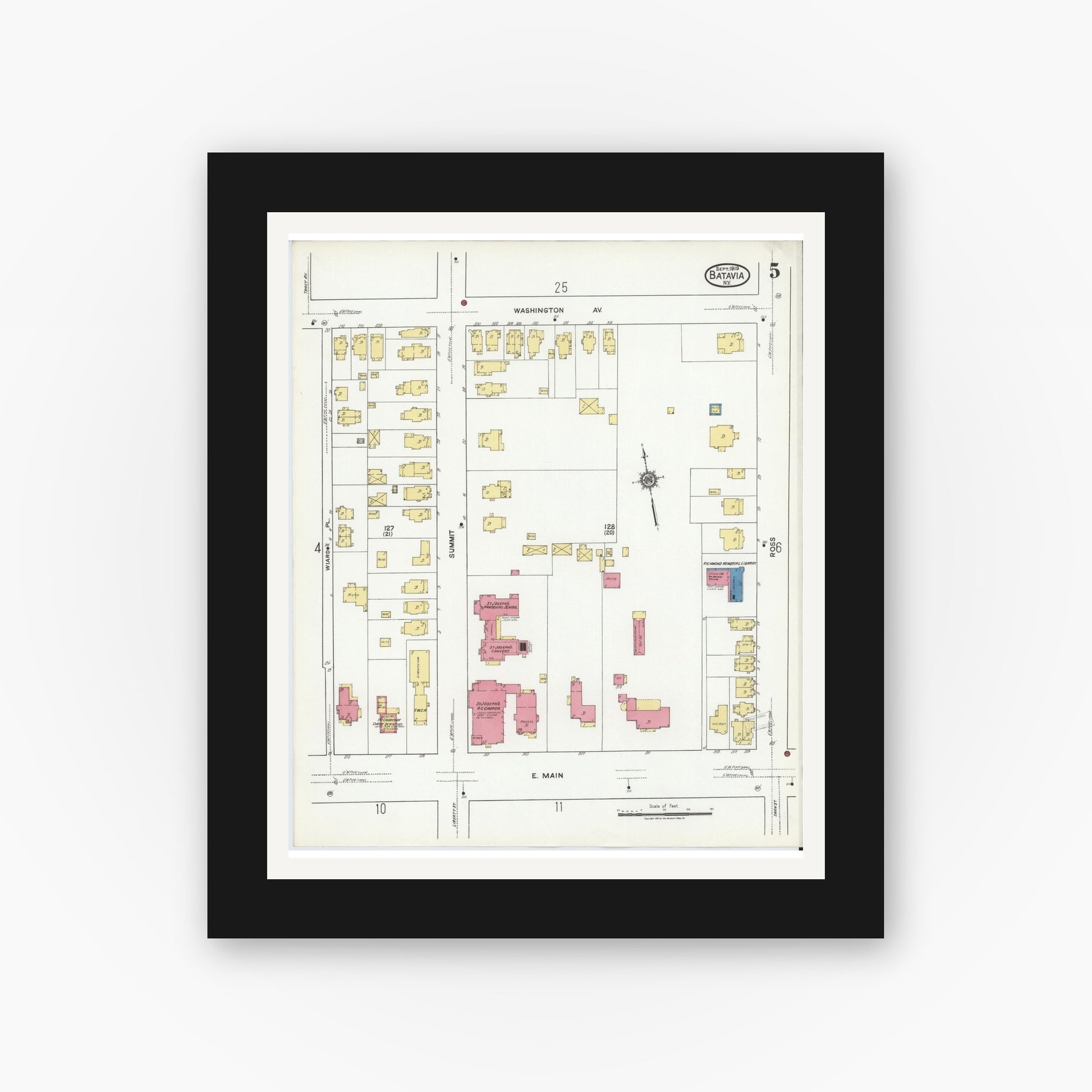 Old map wall art mockup — black gallery frame with white mat — Sanborn Fire Insurance Map from Batavia, Genesee County, New York (1919), Sheet #0005