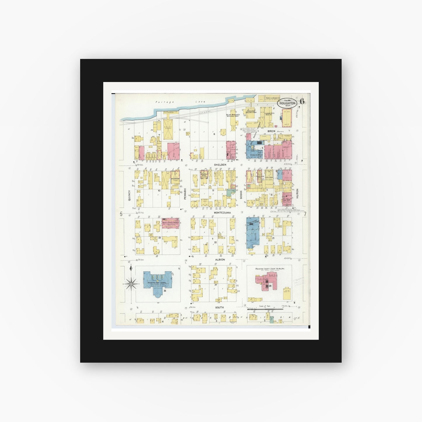 Old map wall art mockup — black gallery frame with white mat — Sanborn Fire Insurance Map from Houghton, Houghton County, Michigan (1908), Sheet #0006