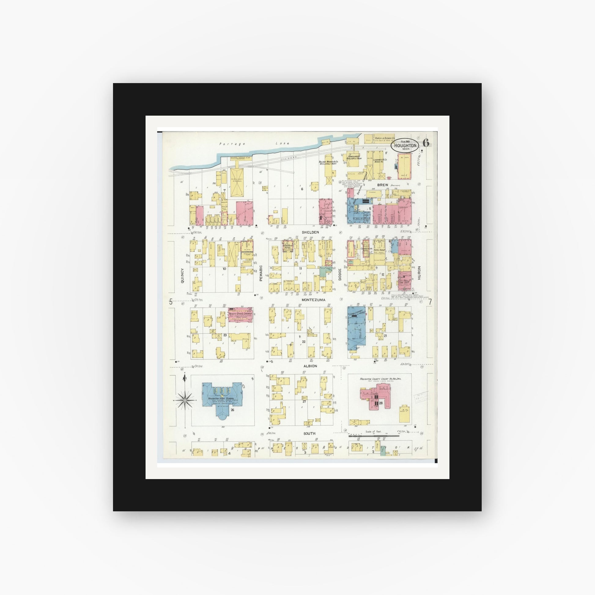 Old map wall art mockup — black gallery frame with white mat — Sanborn Fire Insurance Map from Houghton, Houghton County, Michigan (1908), Sheet #0006
