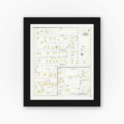 Old map wall art mockup — black gallery frame with white mat — Sanborn Fire Insurance Map from Oakland, Coles County, Illinois (1909), Sheet #0004