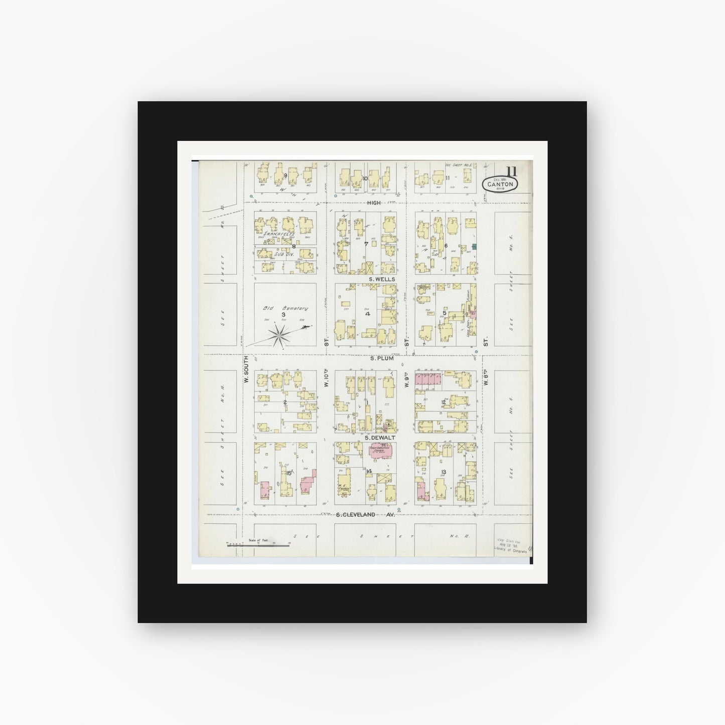Old map wall art mockup — black gallery frame with white mat — Sanborn Fire Insurance Map from Canton, Stark County, Ohio (1891), Sheet #0011