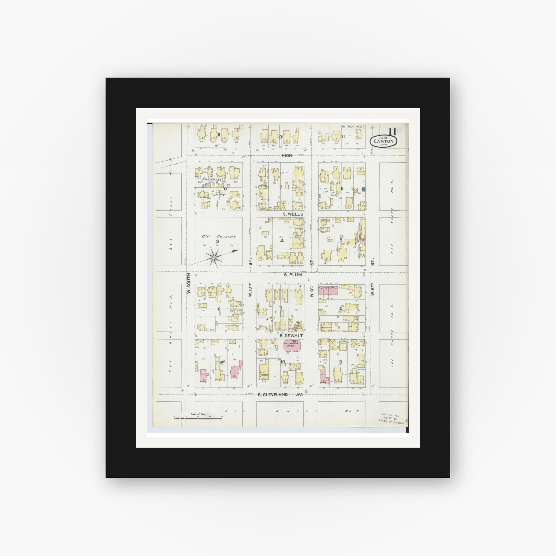 Old map wall art mockup — black gallery frame with white mat — Sanborn Fire Insurance Map from Canton, Stark County, Ohio (1891), Sheet #0011