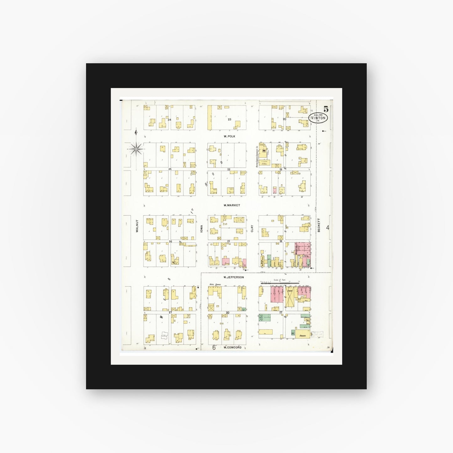 Old map wall art mockup — black gallery frame with white mat — Sanborn Fire Insurance Map from Vinton, Benton County, Iowa (1899), Sheet #0005