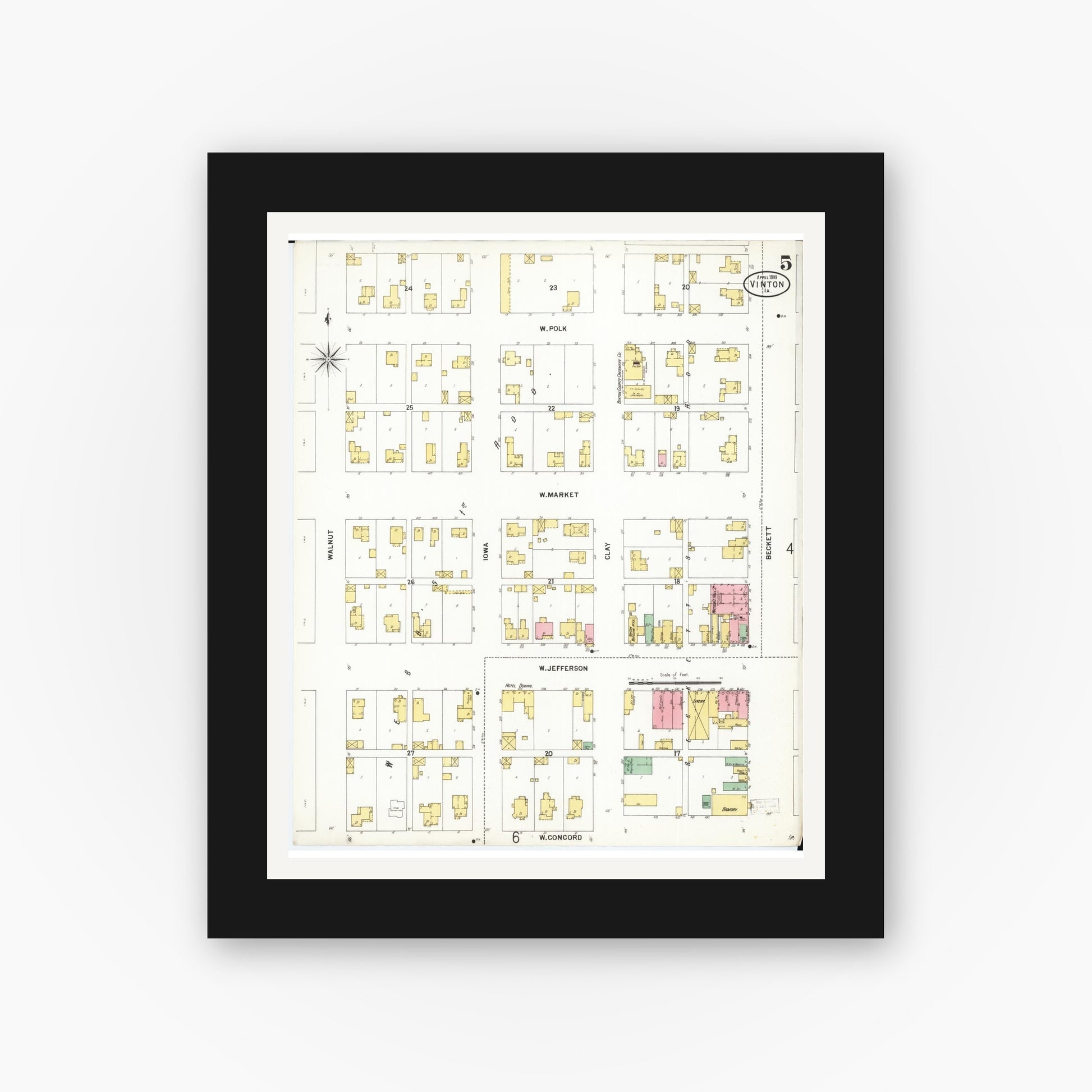 Old map wall art mockup — black gallery frame with white mat — Sanborn Fire Insurance Map from Vinton, Benton County, Iowa (1899), Sheet #0005
