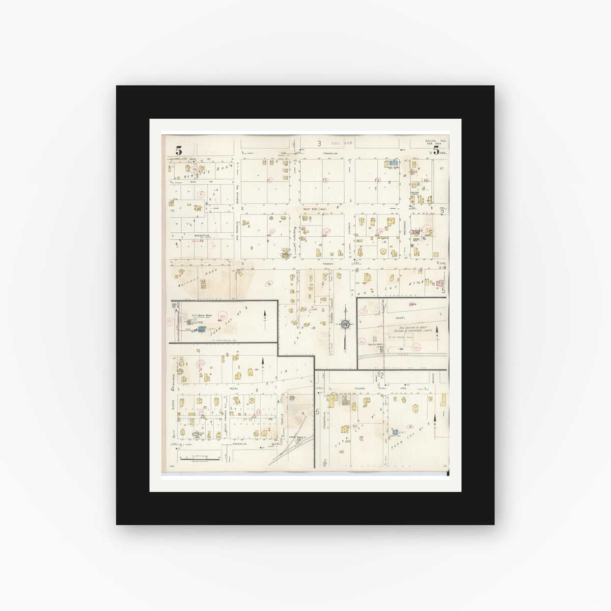 Old map wall art mockup — black gallery frame with white mat — Sanborn Fire Insurance Map from Goliad, Goliad County, Texas (1944), Sheet #0005