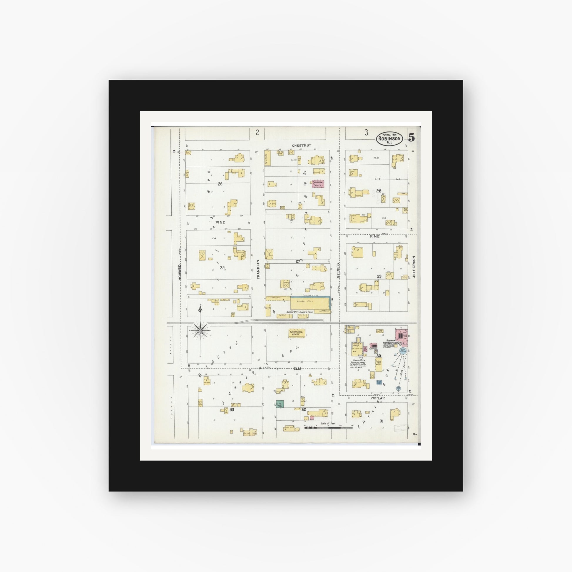 Old map wall art mockup — black gallery frame with white mat — Sanborn Fire Insurance Map from Robinson, Crawford County, Illinois (1906), Sheet #0005