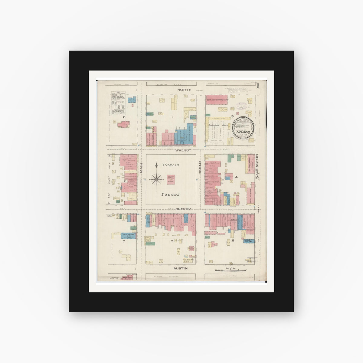 Old map wall art mockup — black gallery frame with white mat — Sanborn Fire Insurance Map from Nevada, Vernon County, Missouri (1885) - Complete Map Set
