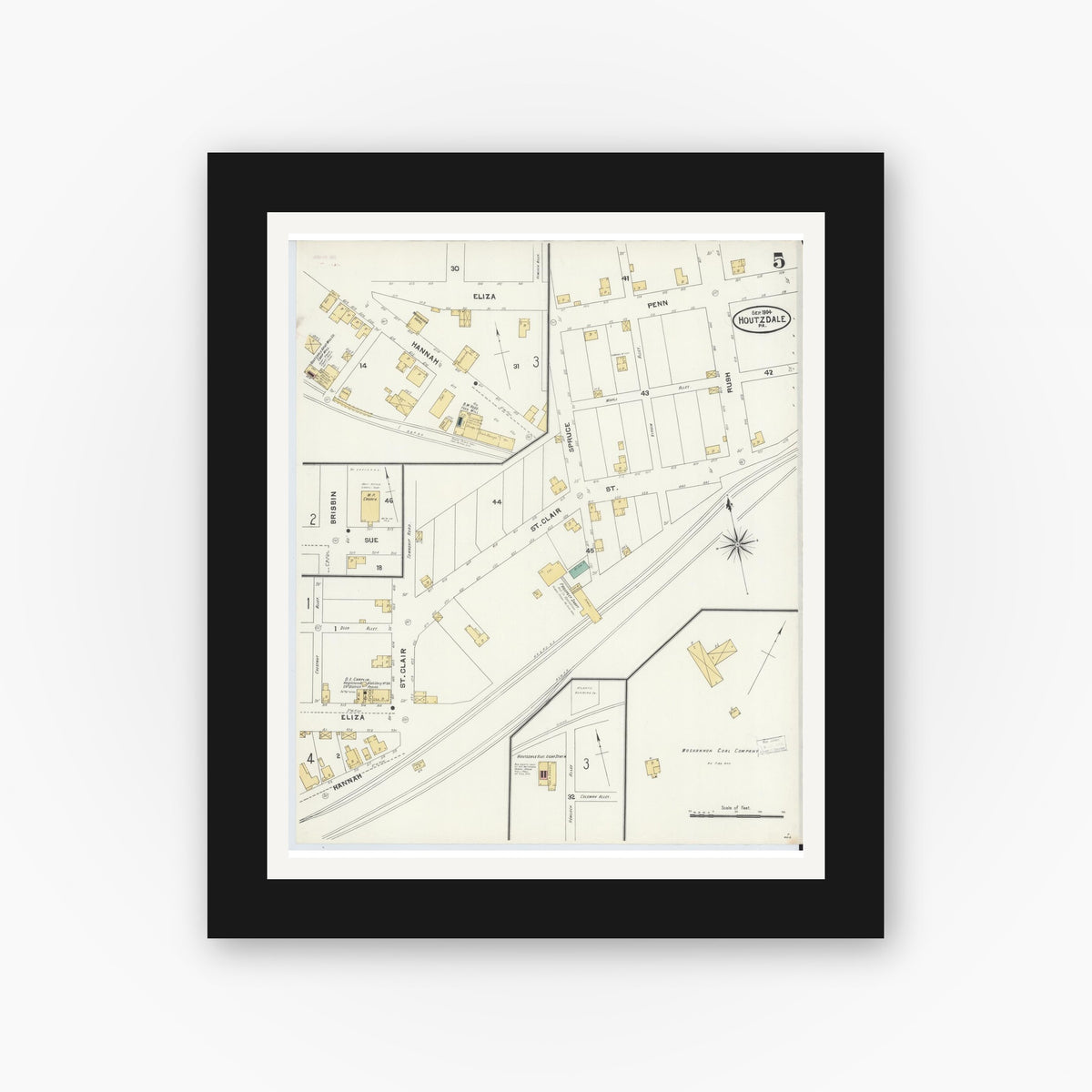 Old map wall art mockup — black gallery frame with white mat — Sanborn Fire Insurance Map from Houtzdale, Clearfield County, Pennsylvania (1904), Sheet #0005