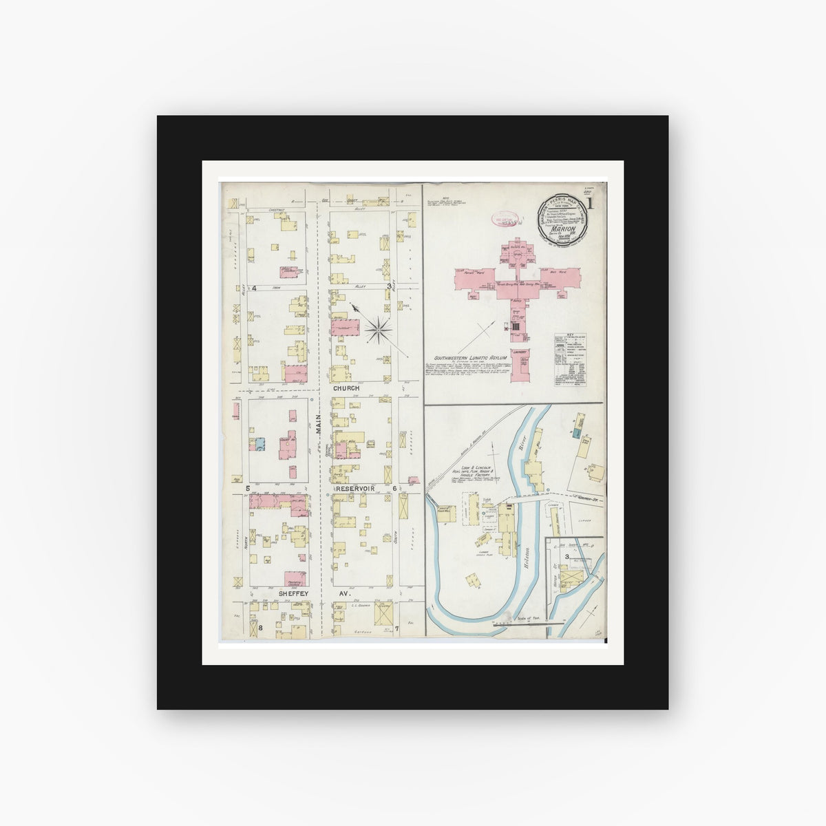 Old map wall art mockup — black gallery frame with white mat — Sanborn Fire Insurance Map from Marion, Smyth County, Virginia (1891) - Complete Map Set