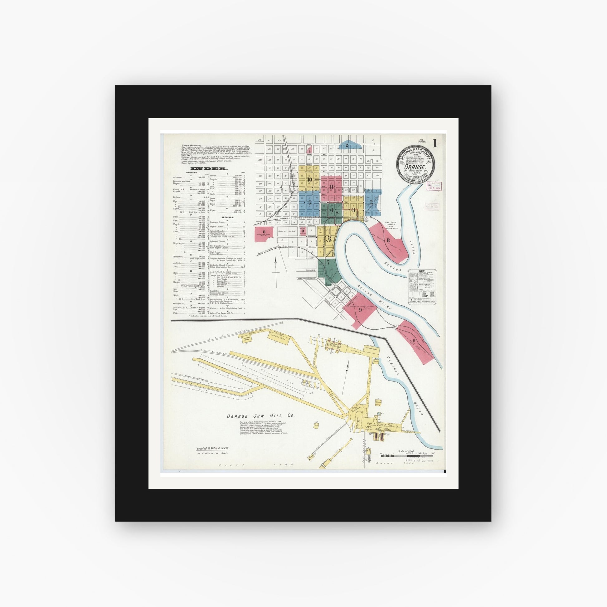 Old map wall art mockup — black gallery frame with white mat — Sanborn Fire Insurance Map from Orange, Orange County, Texas (1909), Sheet #0001