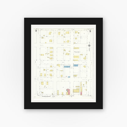 Old map wall art mockup — black gallery frame with white mat — Sanborn Fire Insurance Map from Henrietta, Clay County, Texas (1934), Sheet #0003