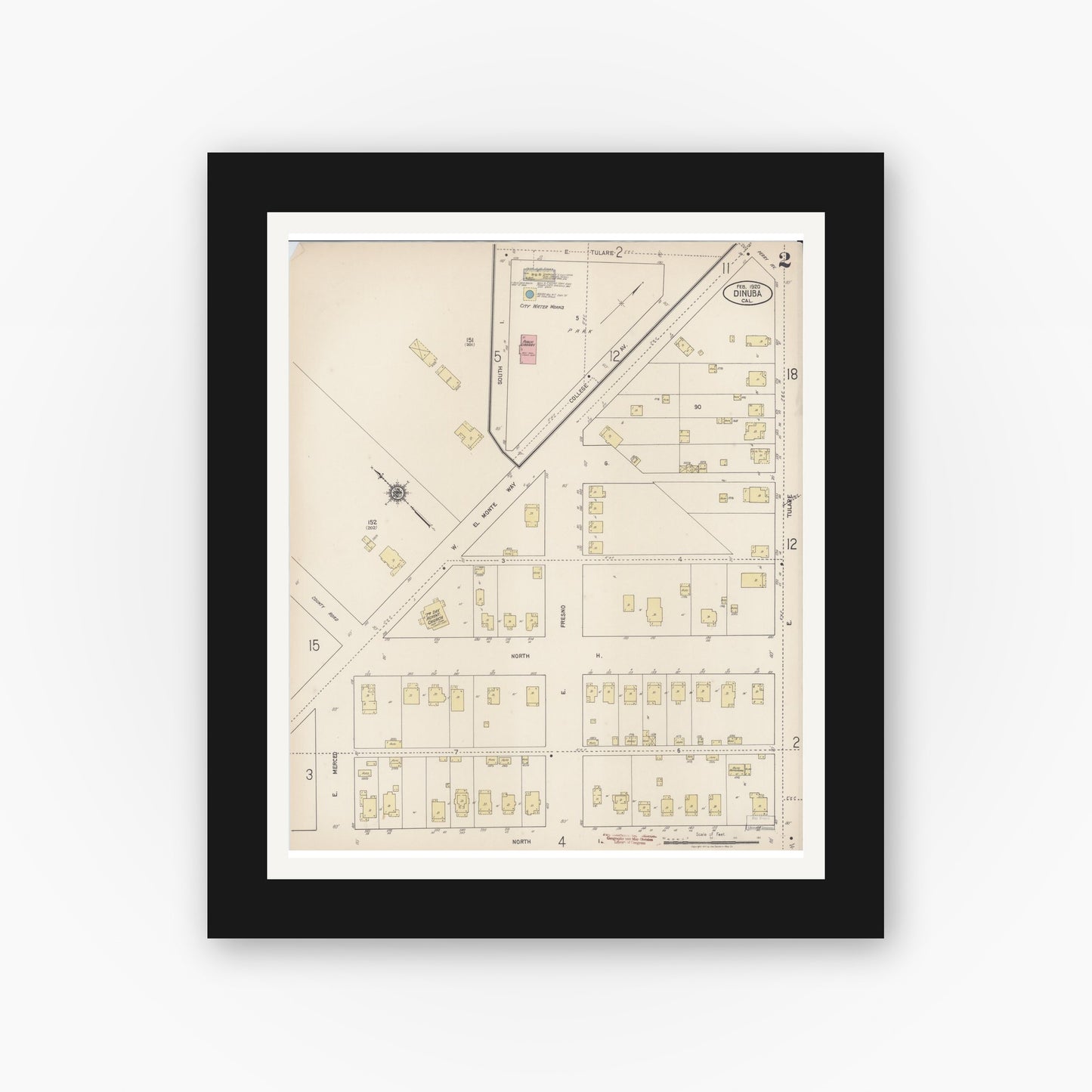 Old map wall art mockup — black gallery frame with white mat — Sanborn Fire Insurance Map from Dinuba, Tulare County, California (1920), Sheet #0002