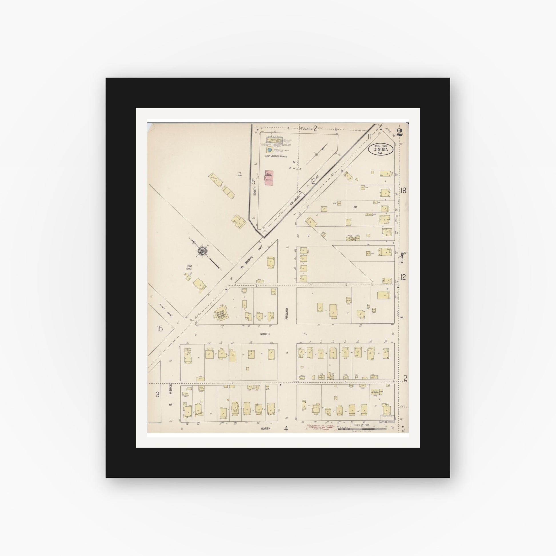 Old map wall art mockup — black gallery frame with white mat — Sanborn Fire Insurance Map from Dinuba, Tulare County, California (1920), Sheet #0002