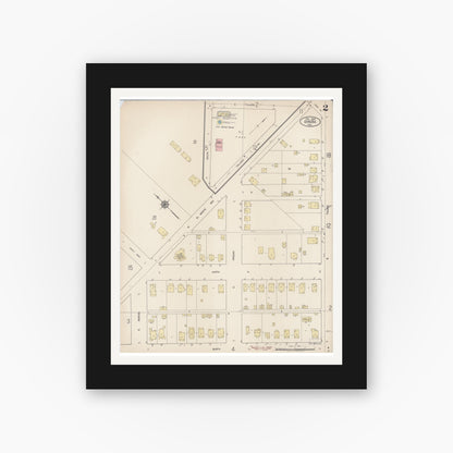 Old map wall art mockup — black gallery frame with white mat — Sanborn Fire Insurance Map from Dinuba, Tulare County, California (1920), Sheet #0002