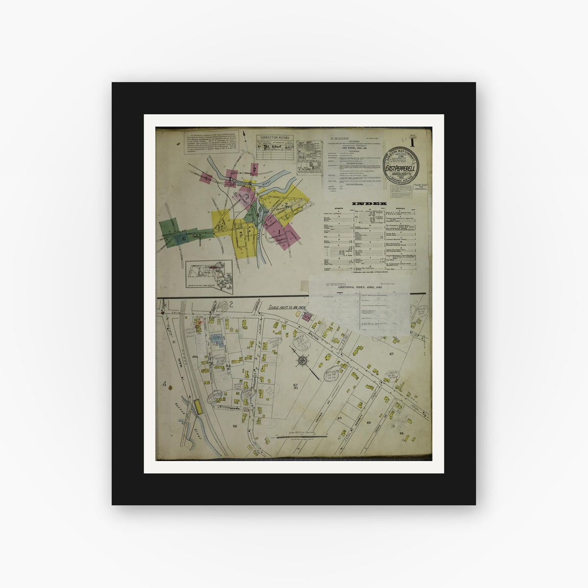 Old map wall art mockup — black gallery frame with white mat — Sanborn Fire Insurance Map from East Pepperell, Middlesex County, Massachusetts (1953), Sheet #0001
