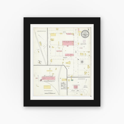 Old map wall art mockup — black gallery frame with white mat — Sanborn Fire Insurance Map from Clarksville, Mecklenburg County, Virginia (1907) - Complete Map Set