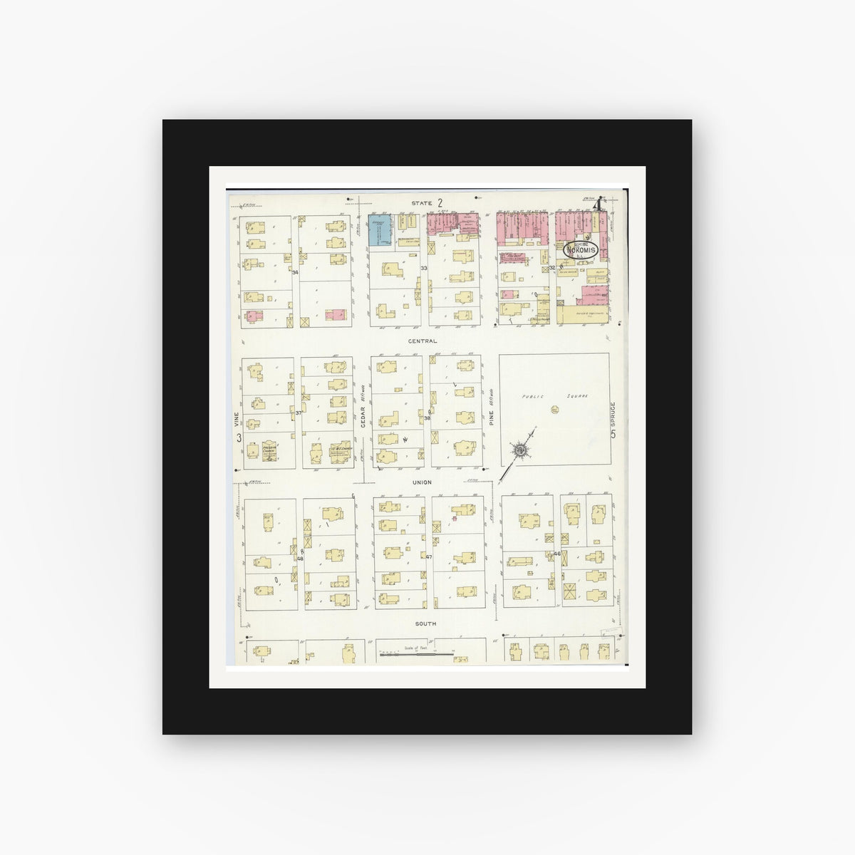 Old map wall art mockup — black gallery frame with white mat — Sanborn Fire Insurance Map from Nokomis, Montgomery County, Illinois (1912), Sheet #0004