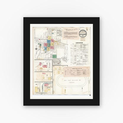 Old map wall art mockup — black gallery frame with white mat — Sanborn Fire Insurance Map from Mount Pleasant, Henry County, Iowa (1942), Sheet #0001