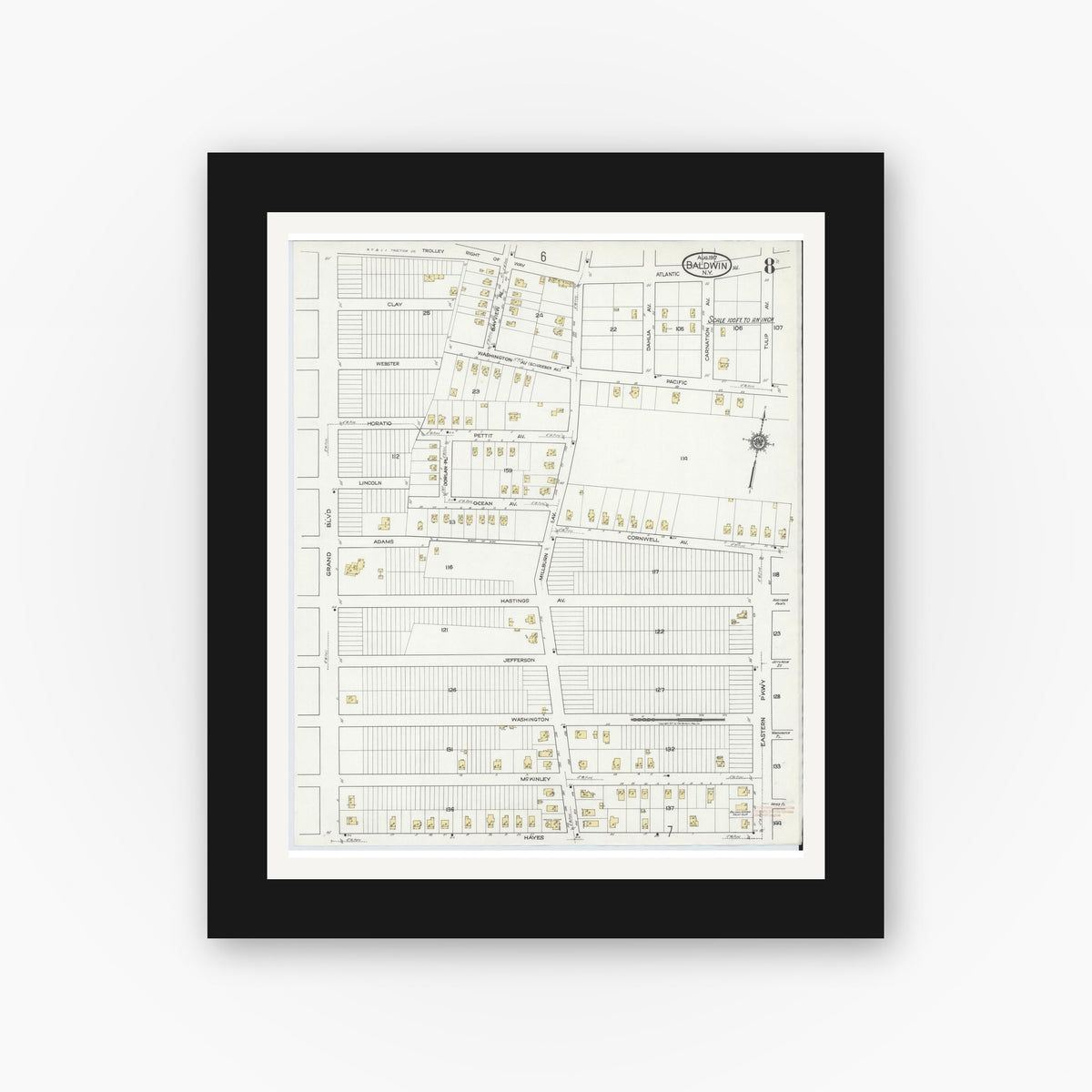 Old map wall art mockup — black gallery frame with white mat — Sanborn Fire Insurance Map from Baldwin, Nassau County, New York (1917), Sheet #0008