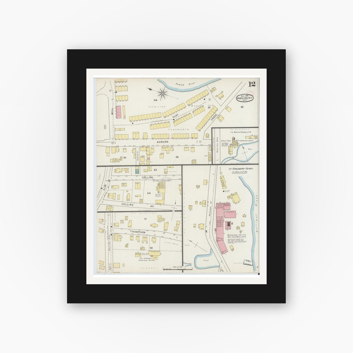 Old map wall art mockup — black gallery frame with white mat — Sanborn Fire Insurance Map from Amesbury, Essex County, Massachusetts (1894), Sheet #0012