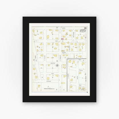 Old map wall art mockup — black gallery frame with white mat — Sanborn Fire Insurance Map from Marshall, Harrison County, Texas (1909), Sheet #0021