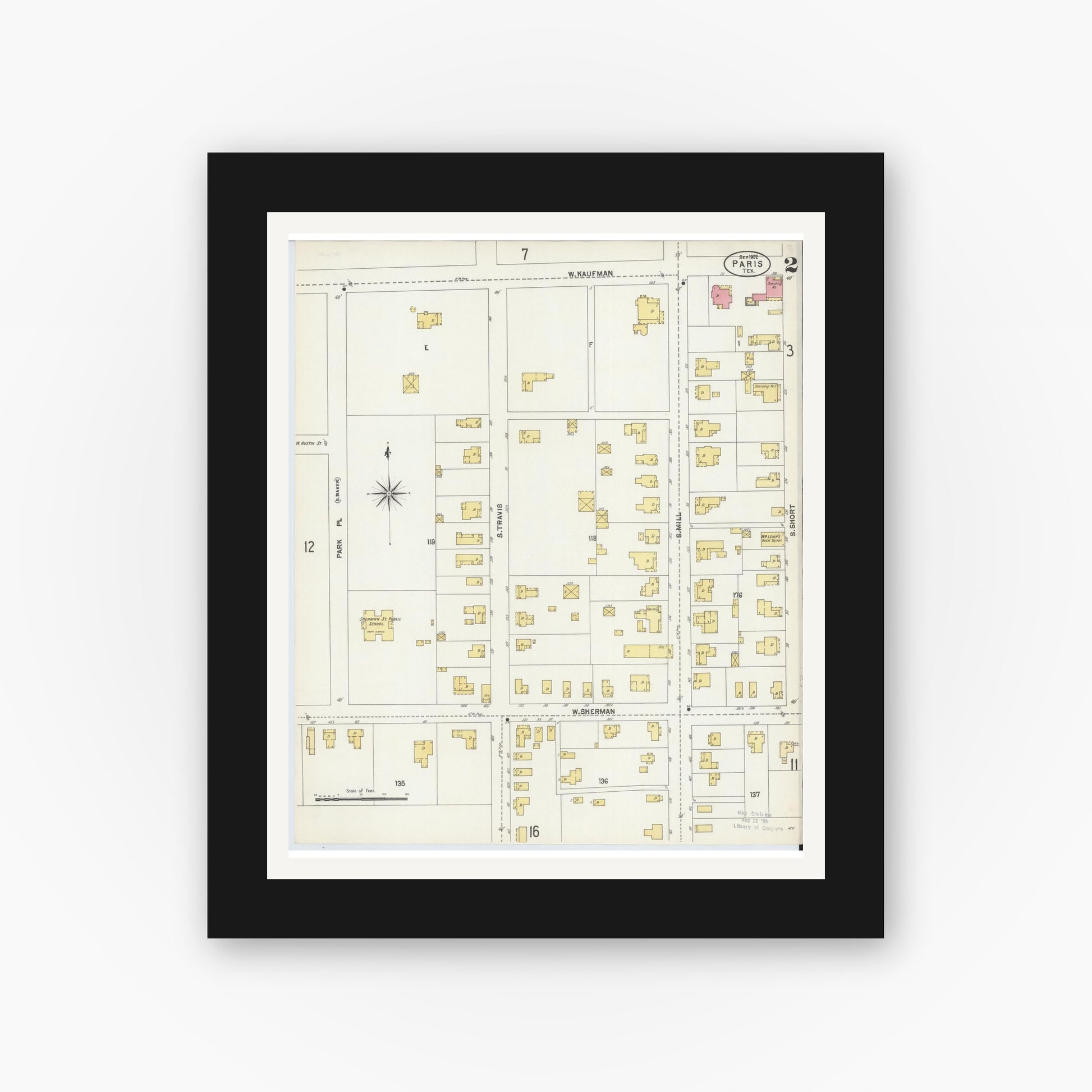 Old map wall art mockup — black gallery frame with white mat — Sanborn Fire Insurance Map from Paris, Lamar County, Texas (1902), Sheet #0002