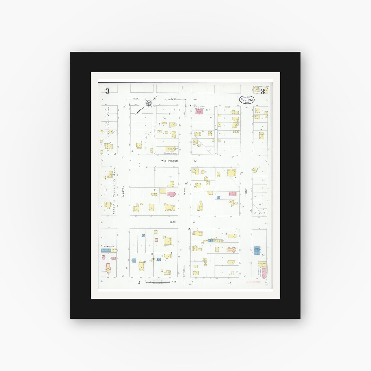 Old map wall art mockup — black gallery frame with white mat — Sanborn Fire Insurance Map from Perham, Otter Tail County, Minnesota (1929), Sheet #0003
