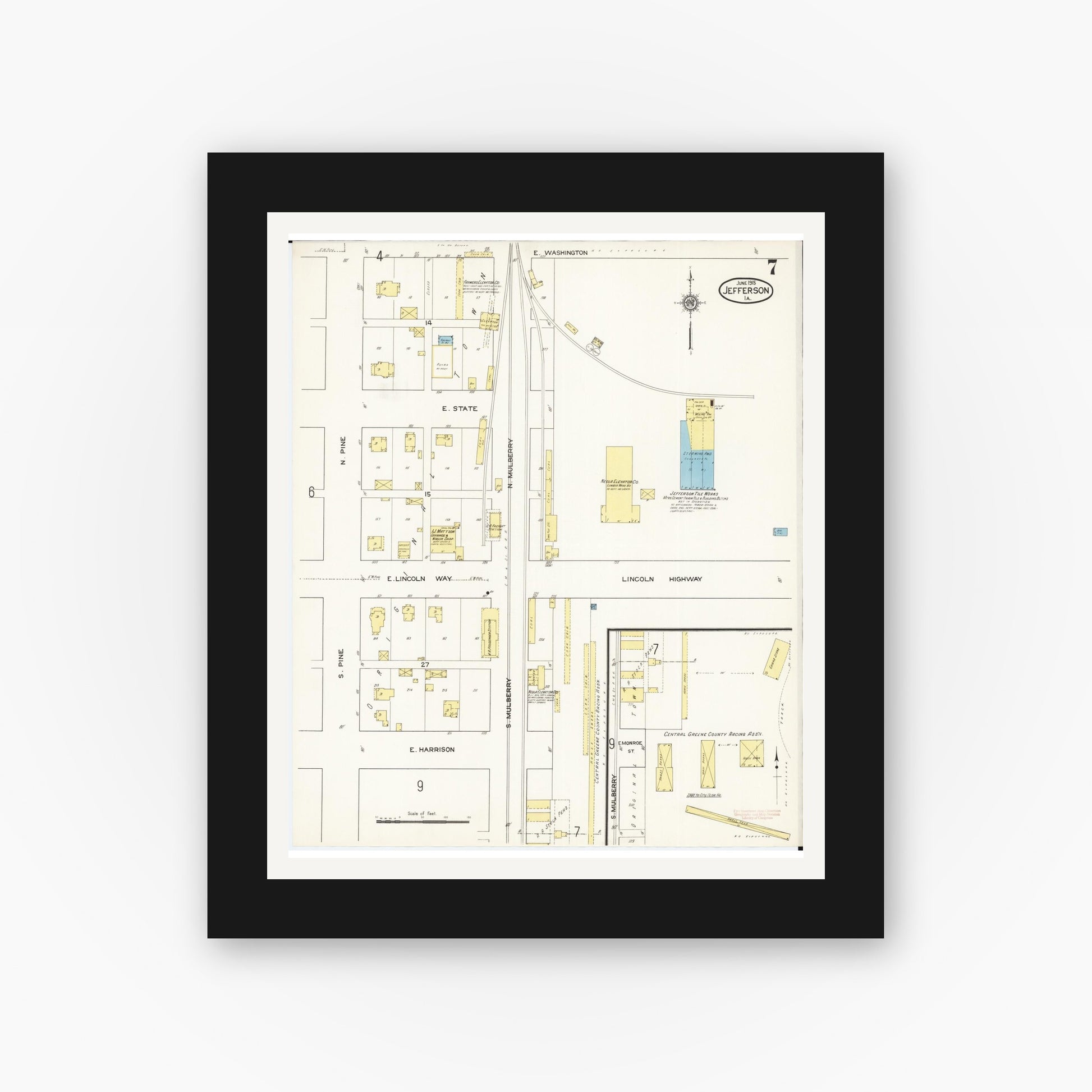 Old map wall art mockup — black gallery frame with white mat — Sanborn Fire Insurance Map from Jefferson, Greene County, Iowa (1915), Sheet #0007