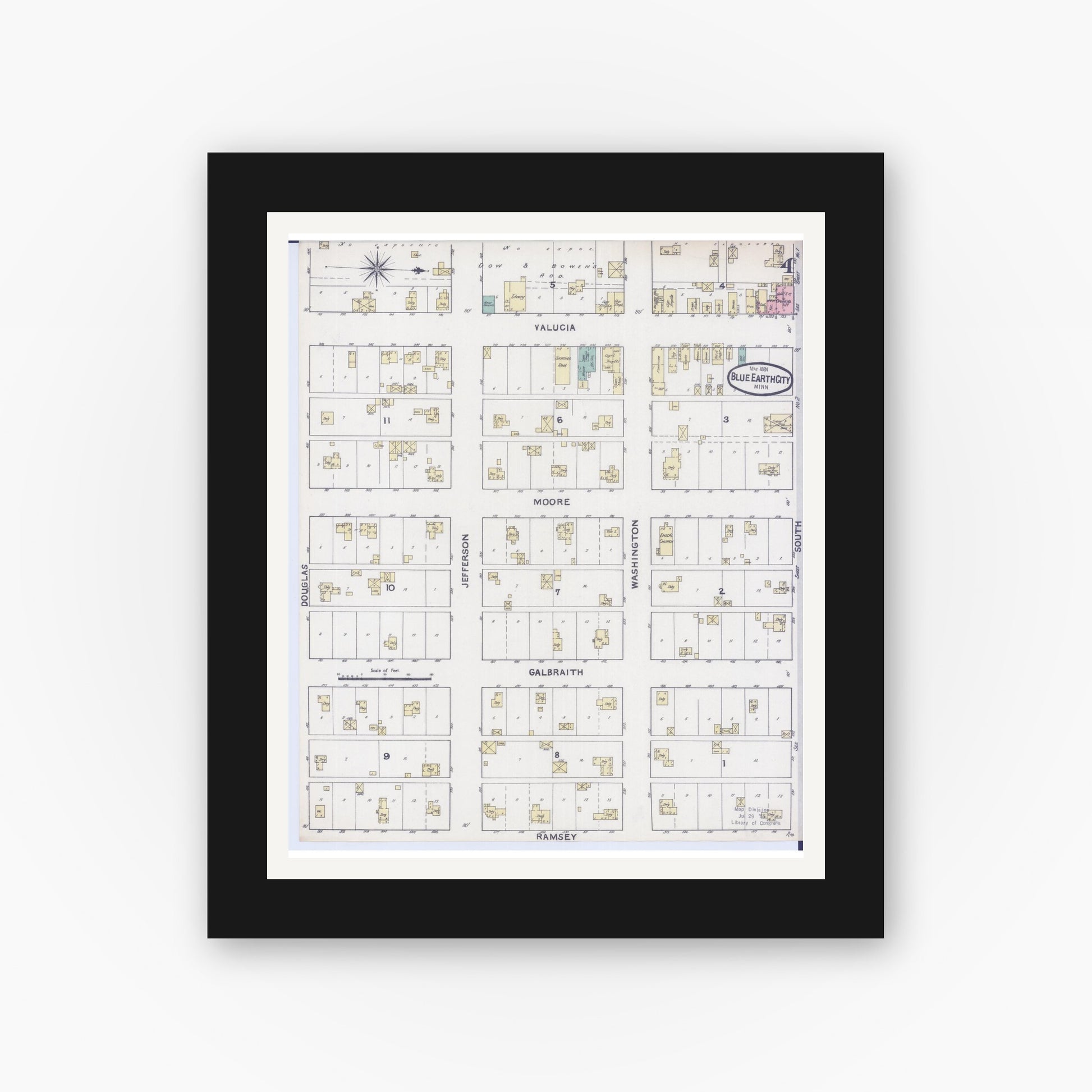 Old map wall art mockup — black gallery frame with white mat — Sanborn Fire Insurance Map from Blue Earth, Faribault County, Minnesota (1891), Sheet #0004
