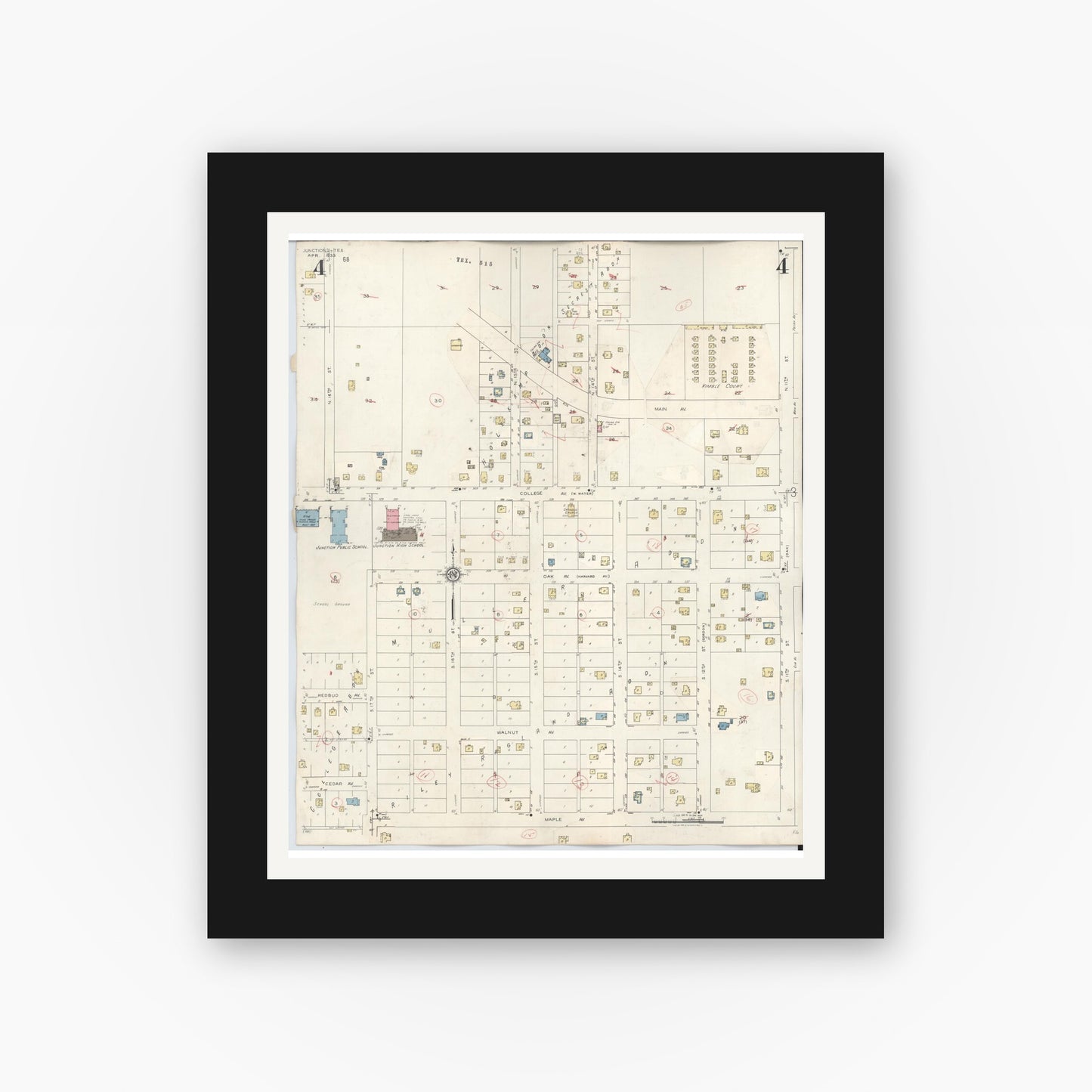 Old map wall art mockup — black gallery frame with white mat — Sanborn Fire Insurance Map from Junction, Kimble County, Texas (1942), Sheet #0004