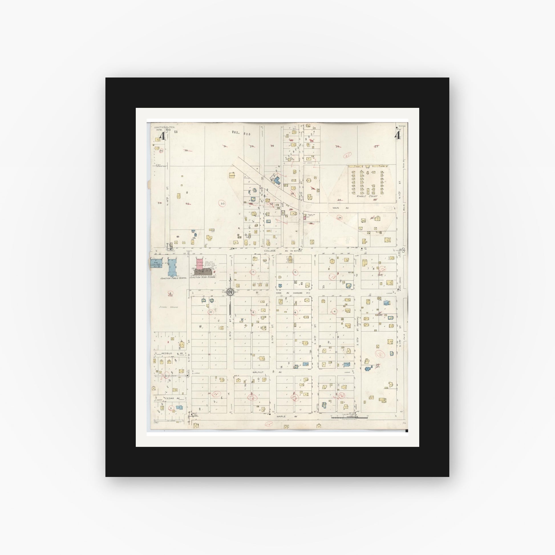 Old map wall art mockup — black gallery frame with white mat — Sanborn Fire Insurance Map from Junction, Kimble County, Texas (1942), Sheet #0004