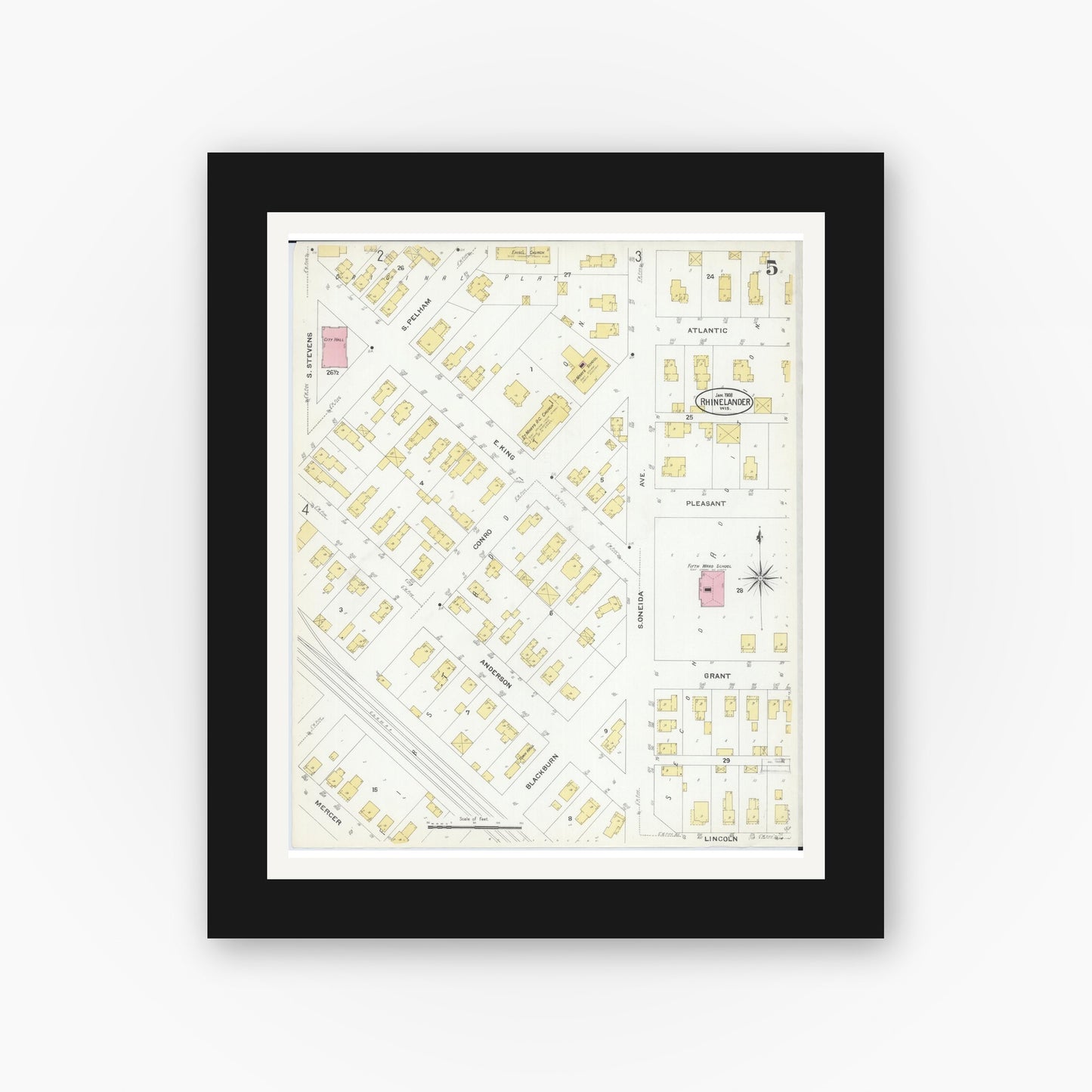 Old map wall art mockup — black gallery frame with white mat — Sanborn Fire Insurance Map from Rhinelander, Oneida County, Wisconsin (1908), Sheet #0005