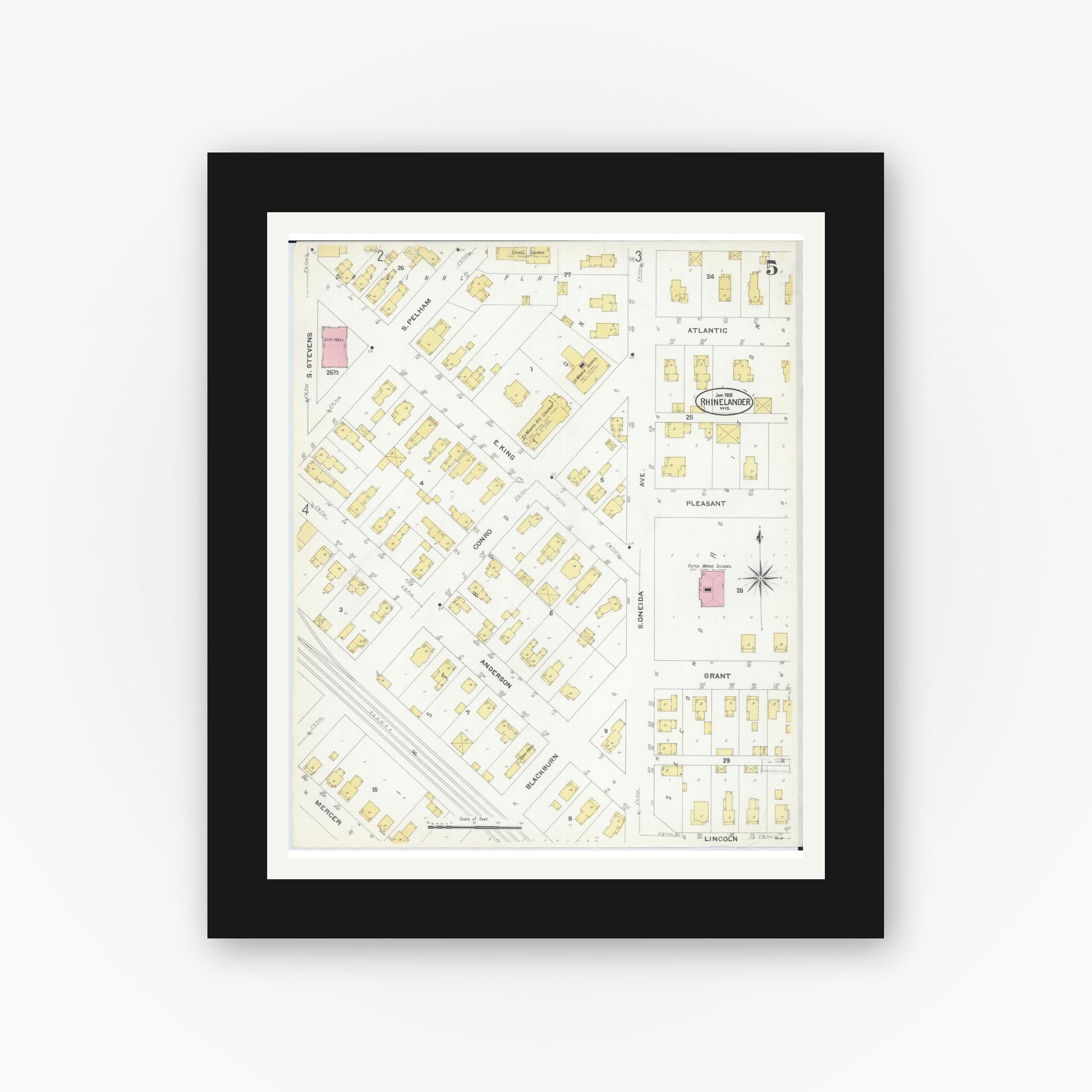 Old map wall art mockup — black gallery frame with white mat — Sanborn Fire Insurance Map from Rhinelander, Oneida County, Wisconsin (1908), Sheet #0005