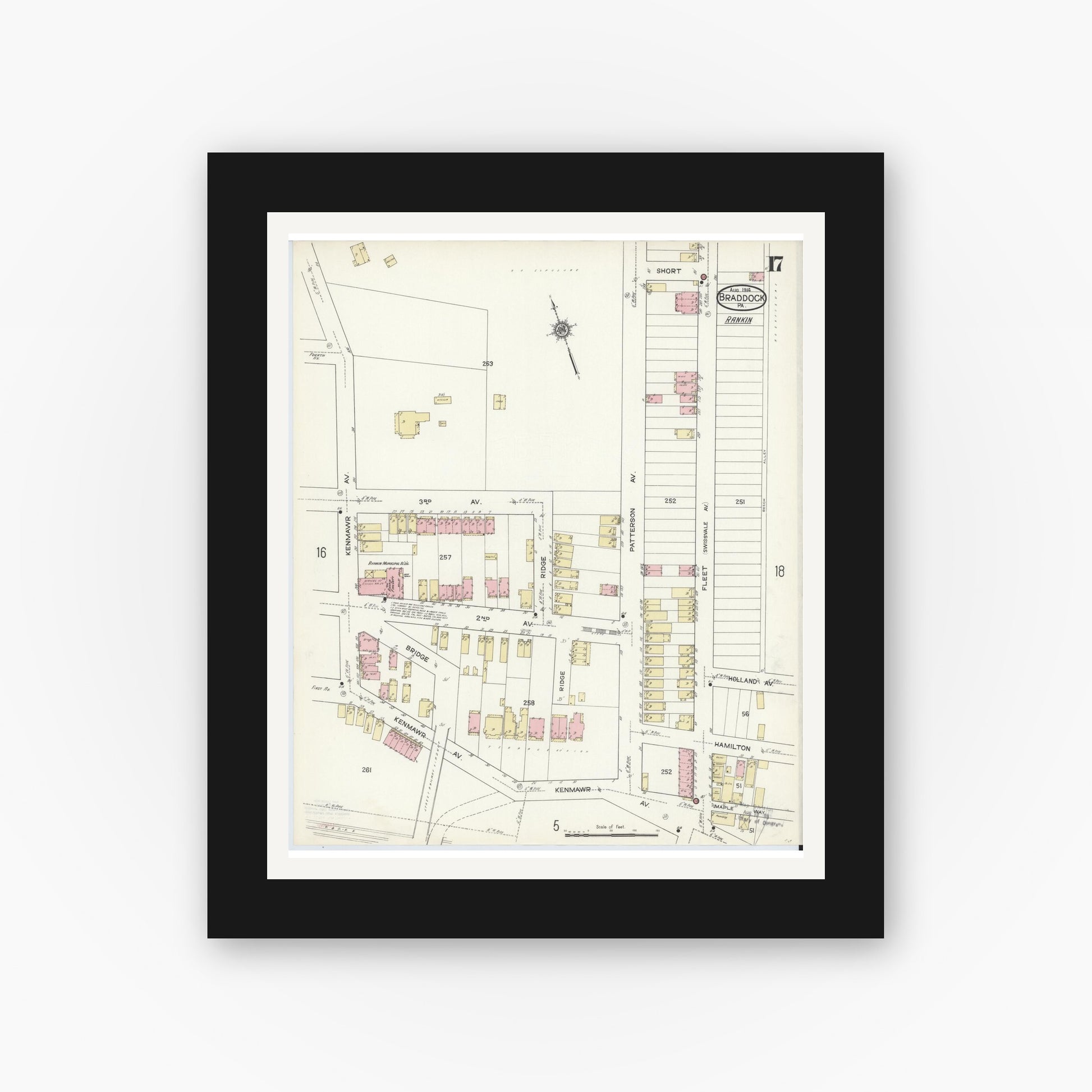 Old map wall art mockup — black gallery frame with white mat — Sanborn Fire Insurance Map from Braddock, Allegheny County, Pennsylvania (1914), Sheet #0017