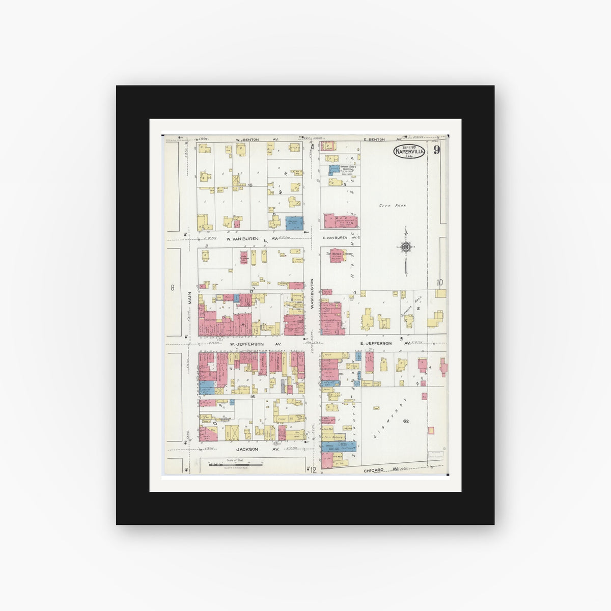 Old map wall art mockup — black gallery frame with white mat — Sanborn Fire Insurance Map from Naperville, Du Page County, Illinois (1921), Sheet #0009
