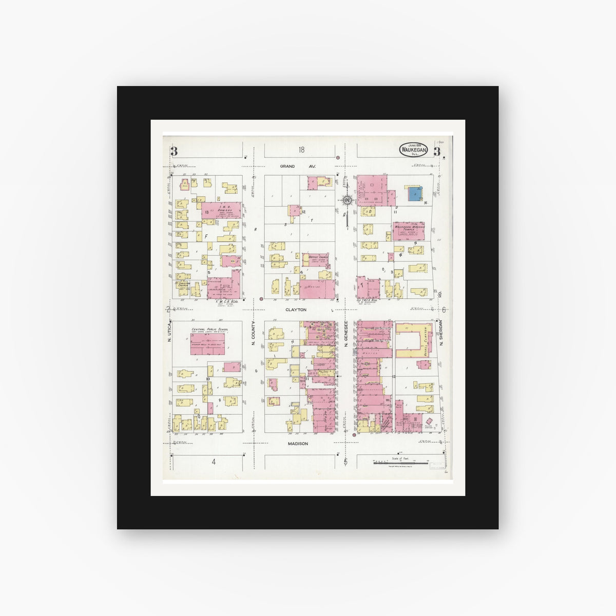 Old map wall art mockup — black gallery frame with white mat — Sanborn Fire Insurance Map from Waukegan, Lake County, Illinois (1924), Sheet #0003