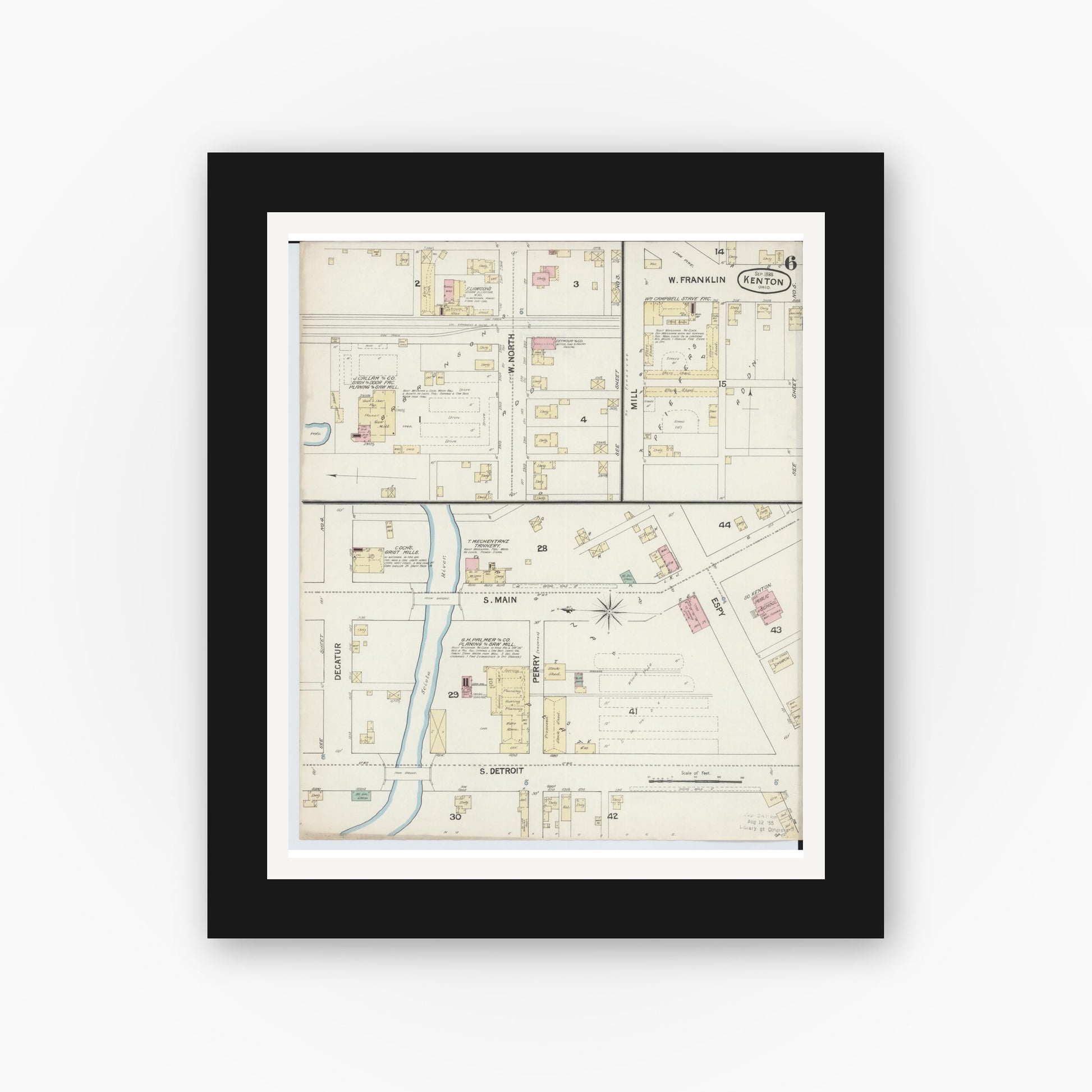 Old map wall art mockup — black gallery frame with white mat — Sanborn Fire Insurance Map from Kenton, Hardin County, Ohio (1888), Sheet #0006