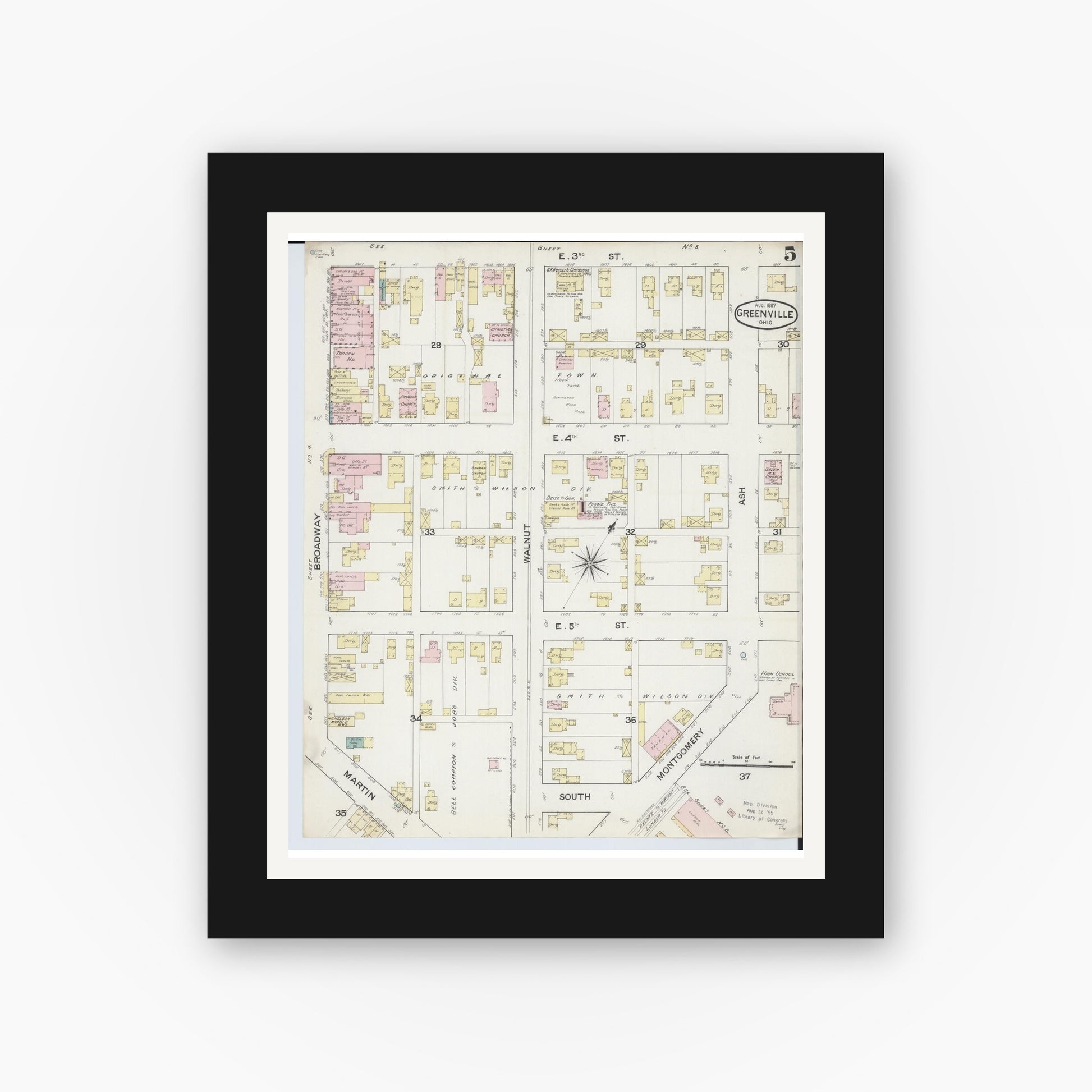 Old map wall art mockup — black gallery frame with white mat — Sanborn Fire Insurance Map from Greenville, Darke County, Ohio (1887), Sheet #0005