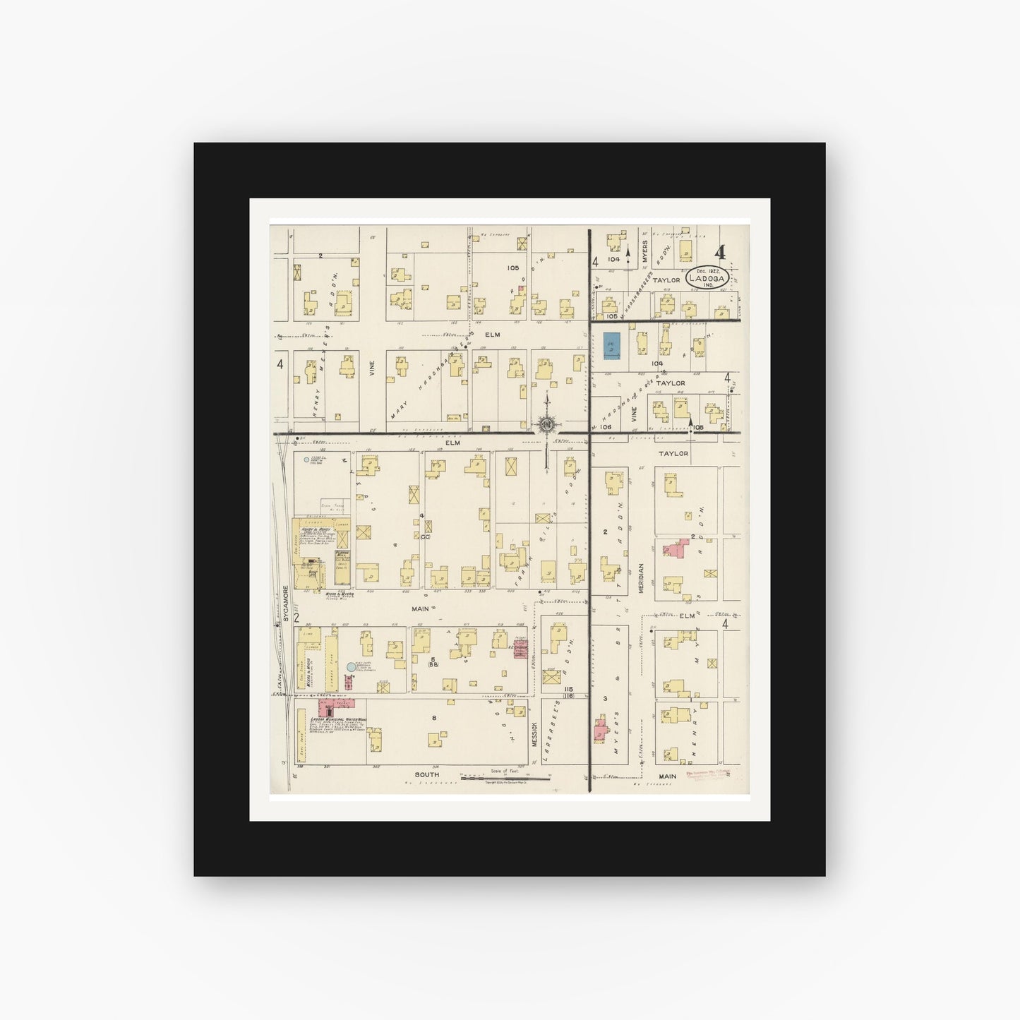 Old map wall art mockup — black gallery frame with white mat — Sanborn Fire Insurance Map from Ladoga, Montgomery County, Indiana (1922), Sheet #0004