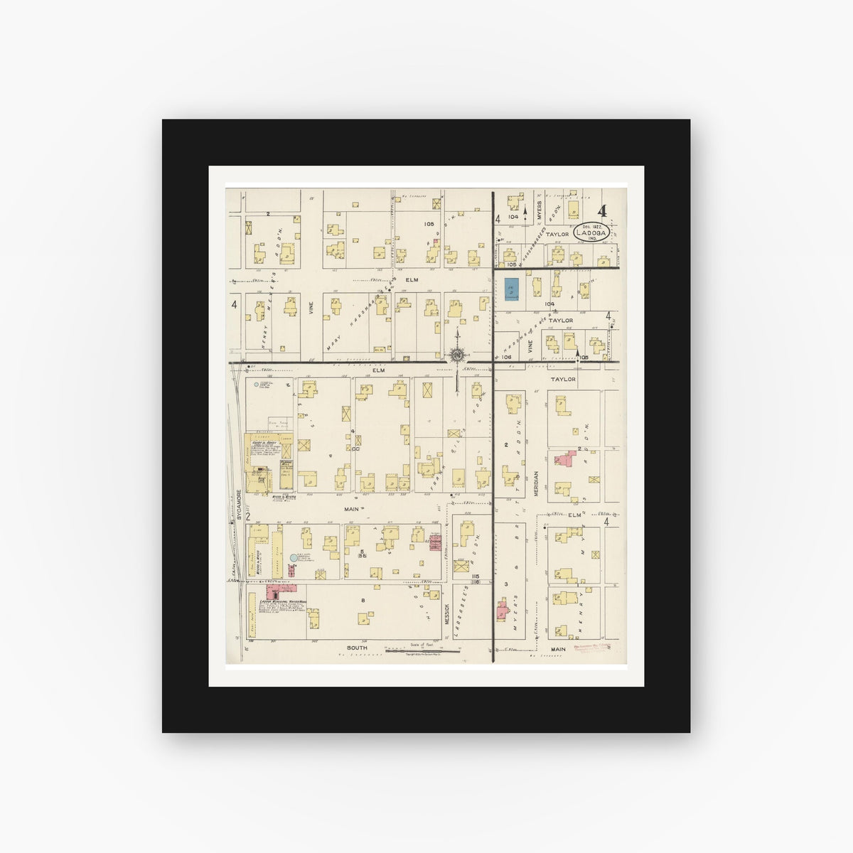Old map wall art mockup — black gallery frame with white mat — Sanborn Fire Insurance Map from Ladoga, Montgomery County, Indiana (1922), Sheet #0004