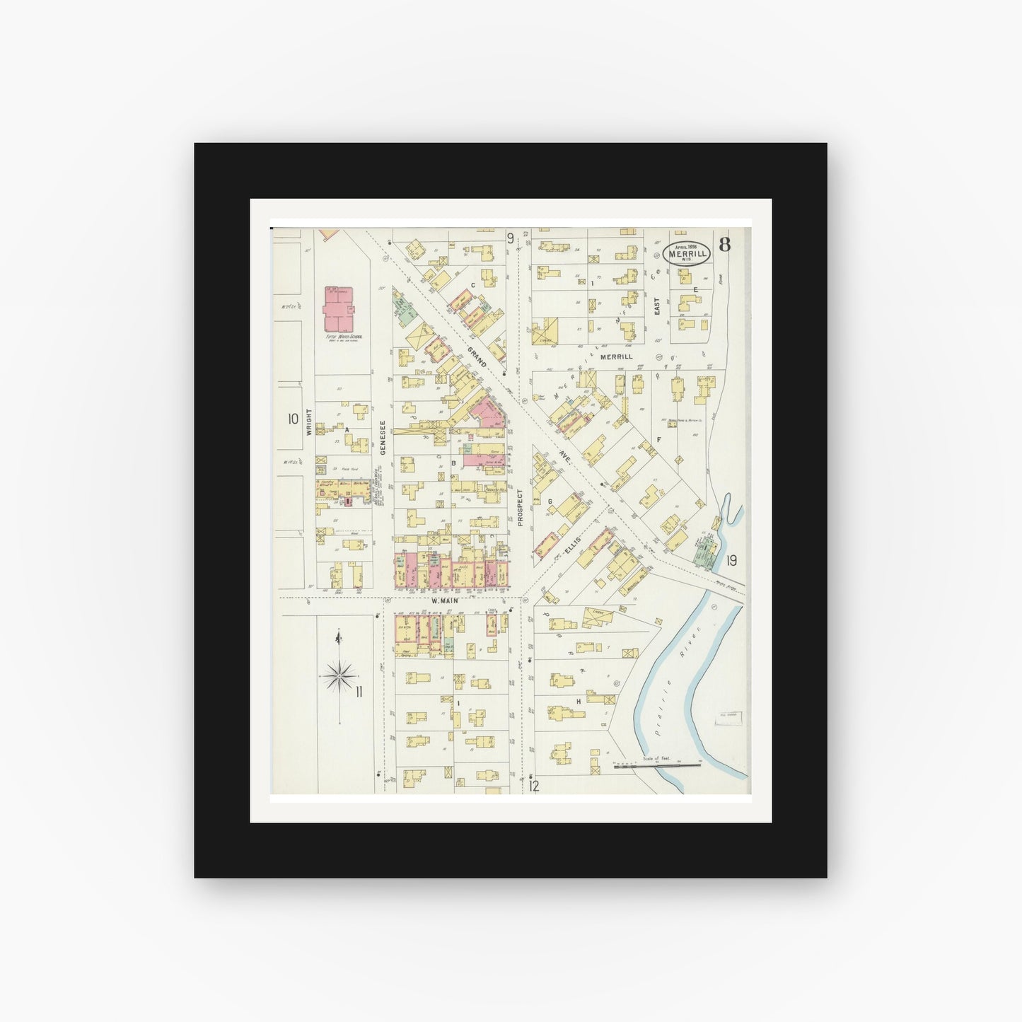 Old map wall art mockup — black gallery frame with white mat — Sanborn Fire Insurance Map from Merrill, Lincoln County, Wisconsin (1898), Sheet #0008